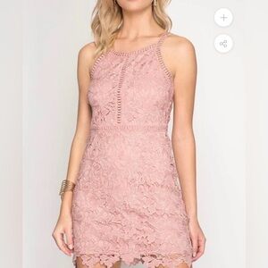 Pink lace crochet mini dress NWT
